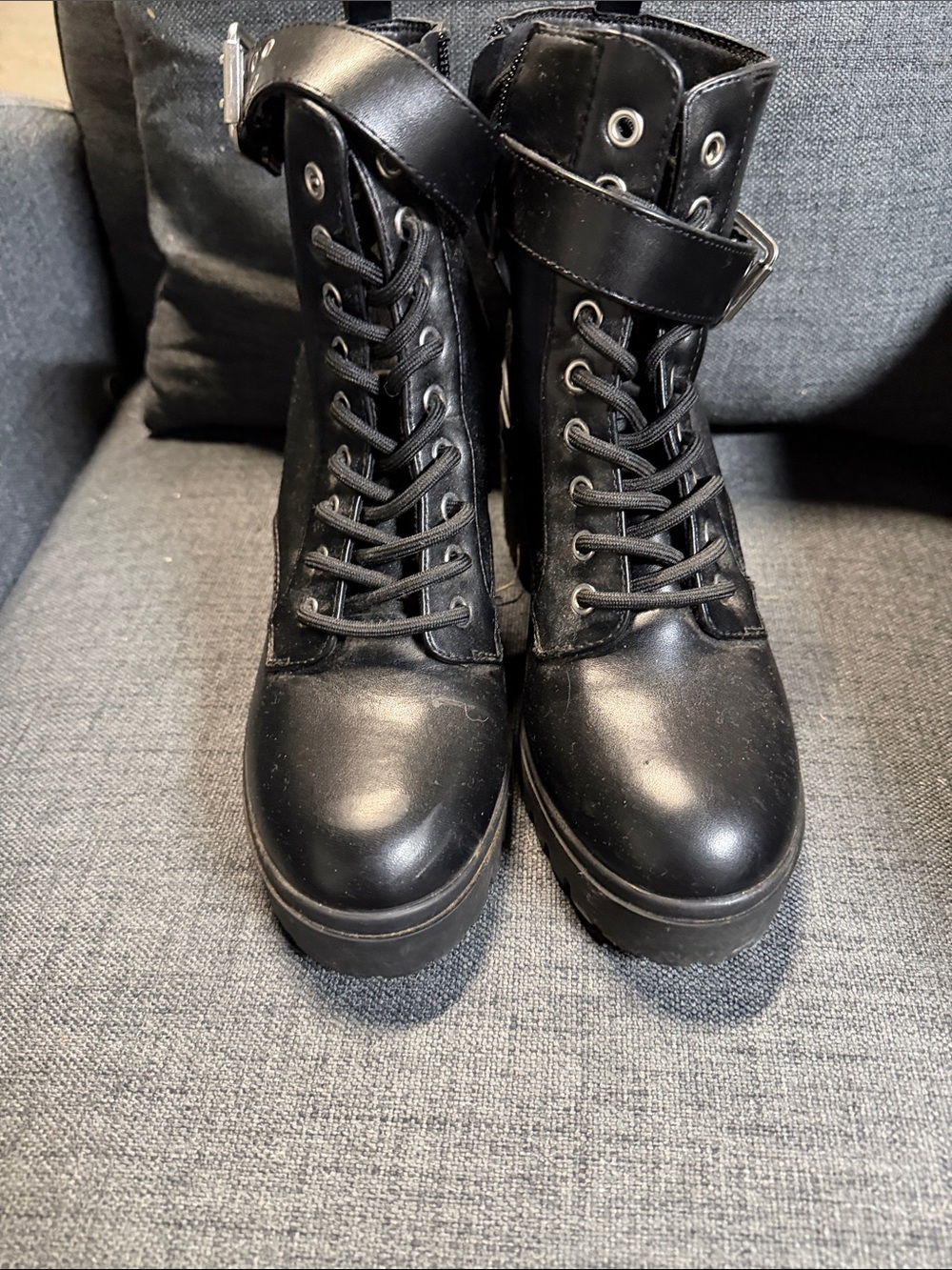 No Boundaries Black Lace-Up Platform Moto Boots with Buckle Strap